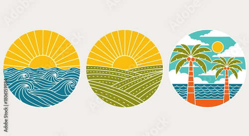Set of three circular landscape icons depicting a sun over ocean waves, green fields, and a tropical beach with palm trees