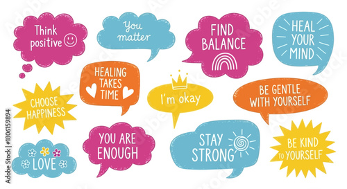 Vibrant vector set of positive psychology messages and self-care slogans in hand-drawn speech bubbles for mental wellness asnlas (55)