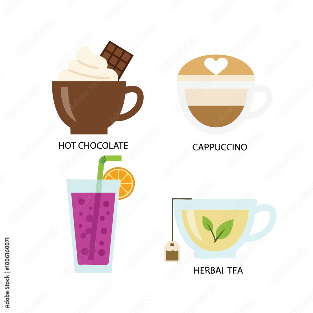 Obraz premium Collection of Four Popular Hot and Cold Beverage Icons.