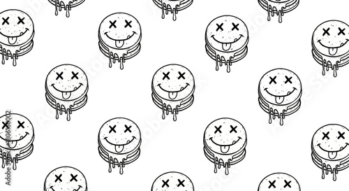 Seamless black and white pattern of a dripping cartoon sandwich cookie with a dead smiley face, vector background