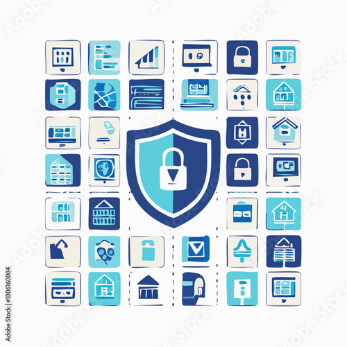 Collection of Cyber Security and Network Protection Icons Featuring a Shield and Lock Symbol
