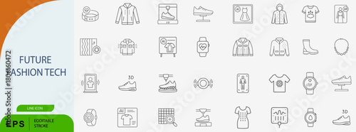 Future Fashion Technology Smart Clothing Line Vector Icon Set