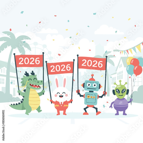 A cheerful group of cartoon characters, including a crocodile, bunny, robot, and alien, celebrate the year 2026 with flags and balloons.