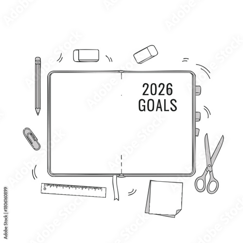 An illustrated notebook with 2026 goals, surrounded by stationery, symbolizing planning and future aspirations for the upcoming year.