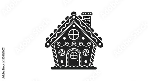 Whimsical black silhouette of a decorated gingerbread house with a chimney and festive details