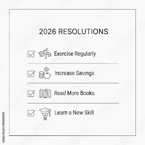 A minimalist graphic displays 2026 resolutions, including exercising, saving money, reading books, and learning a new skill for self-improvement.