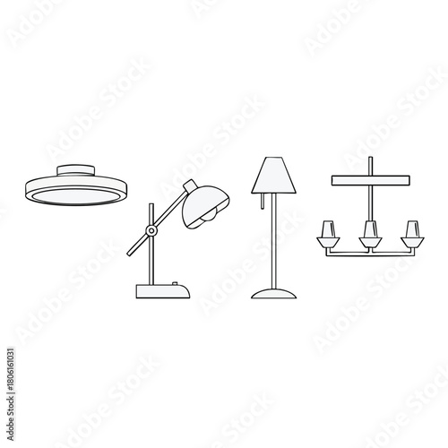 Collection of Lamp and Lighting Fixture Line Icons.
