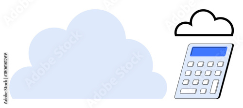 Large blue cloud and calculator graphic emphasize technology, data management, and cost analysis. Ideal for finance, technology, cloud storage, business, innovation analytics efficiency. Simple