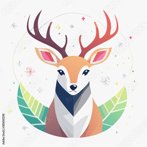 Cute Christmas reindeer cartoon vector illustration of a wild stag silhouette in the winter snow forest with big antlers