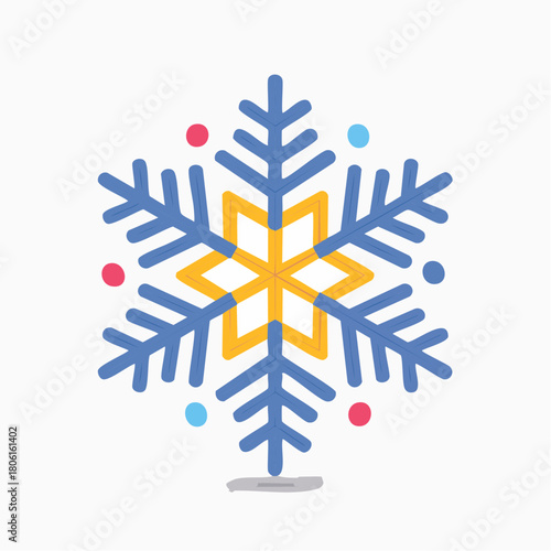 A stylized snowflake illustration with blue arms and a yellow hexagonal center, adorned with small red and blue dots on a white background, representing winter and the cold season