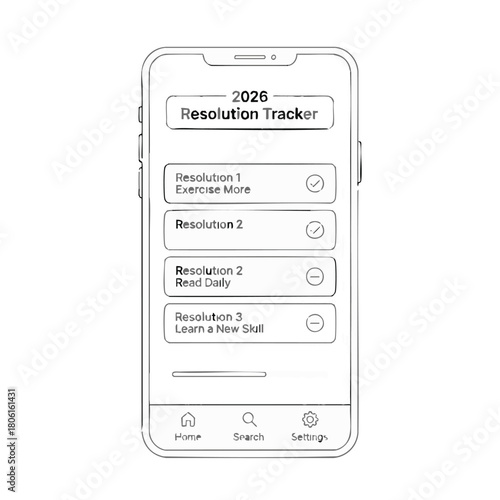 A digital illustration of a smartphone displaying a resolution tracker for the year 2026, offering goals to achieve.