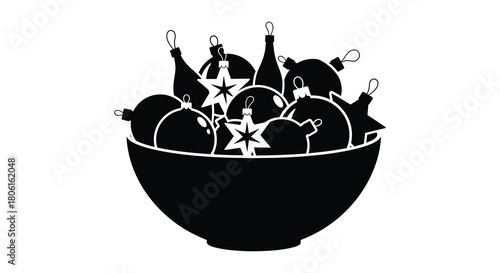 Festive christmas bowl filled with sparkling ornaments and wine bottles for holiday celebration