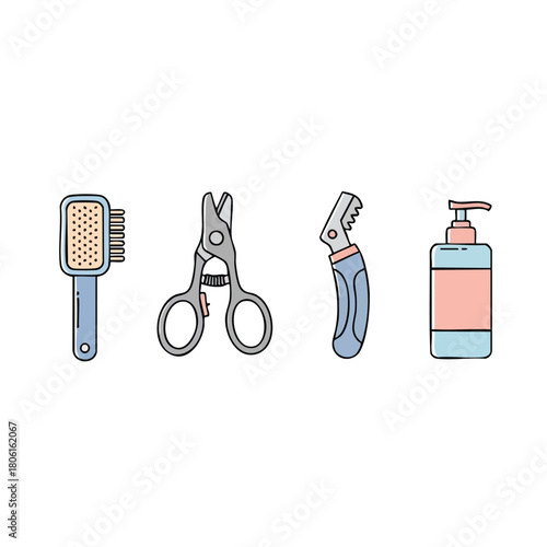 Collection of Pet Grooming Tools Vector Icons.