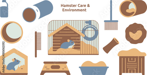 Hamster Care Icons Cage, House, Tunnel, Food Bowl, Comb, Water Bottle and Cleaning Brush