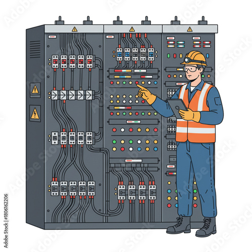 An electrical technician inspects an electrical panel cabinet.isolated on a white background.