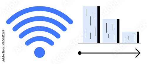 Blue wireless signal icon next to a descending bar chart over a horizontal arrow. Ideal for technology, connectivity, communication, analytics, internet, performance, digital trends. Simple flat