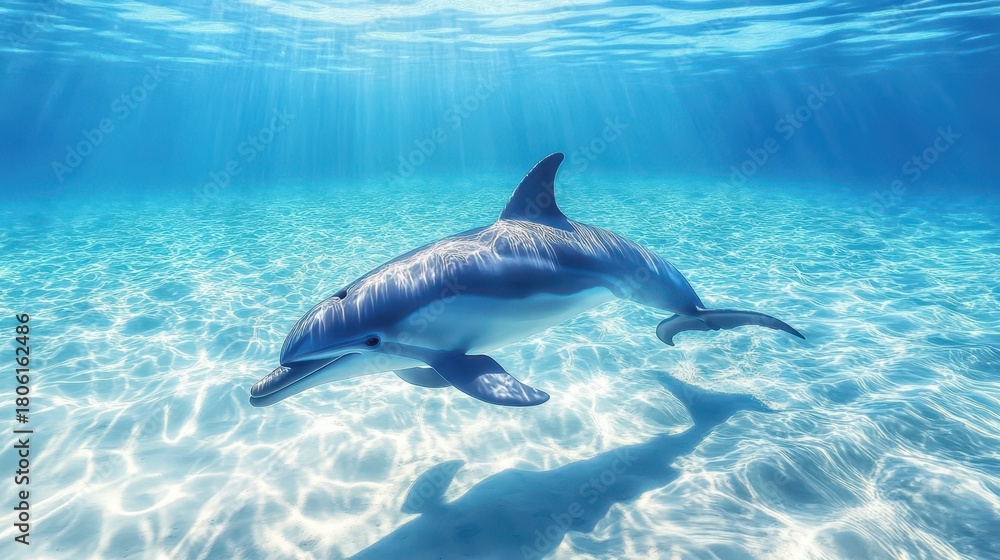 Fototapeta premium Dolphin swimming in clear tropical waters during a bright sunny day showcasing playful behavior and vibrant marine life
