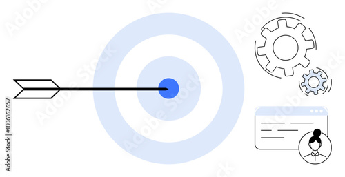 Arrow hitting bullseye, large and small gear icons, browser window with user icon. Ideal for precision, focus, strategy, optimization, productivity data management goal achievement. Simple flat