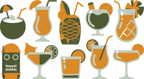 Illustrated Exotic Cocktails and Drinks with Straws, Garnishes, and a Tiki Cup Character Design