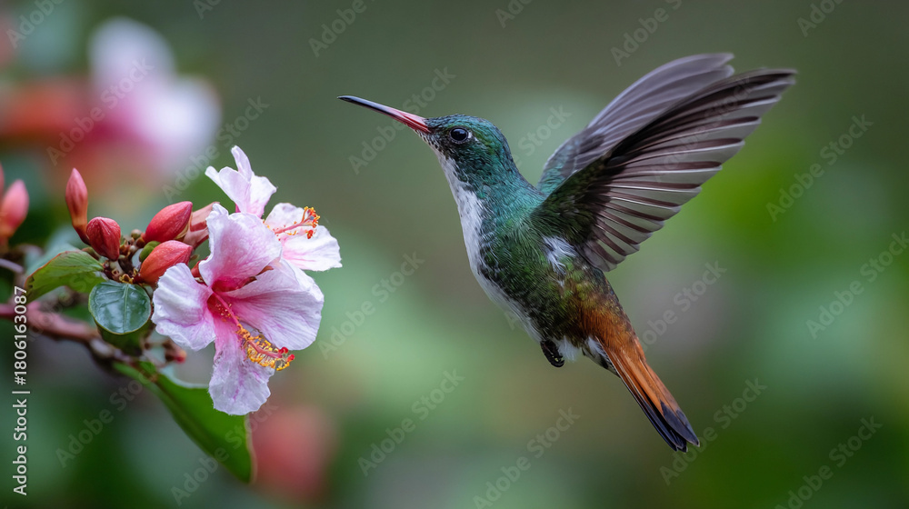 Obraz premium Hummingbird hovering near tropical flowers during daylight
