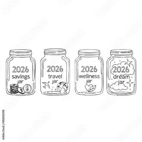 A hand-drawn illustration depicts four mason jars labeled for 2026 savings, travel, wellness, and dream goals, representing financial planning.