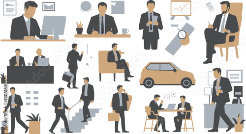 Illustrated Corporate Professionals in Various Work Scenarios Office, Commuting, and Meetings, on White Background