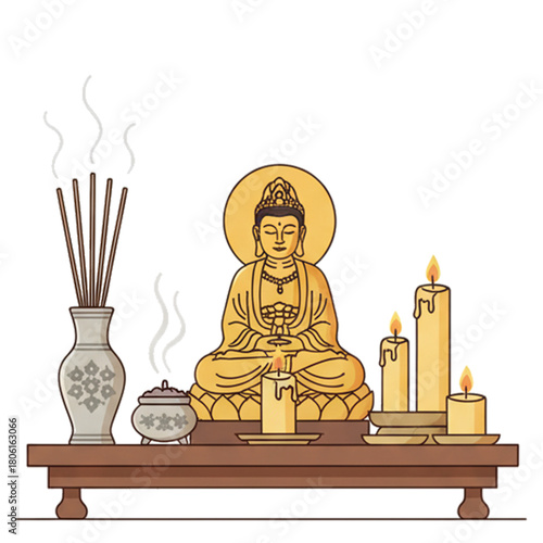 
prayer equipment on the altar table, some incense stick candles and god statues. isolated on a white background.