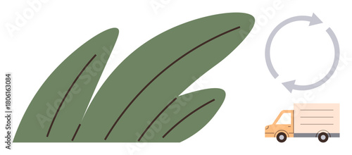 Green leaves, a delivery truck, and recycling arrows suggest environmental sustainability. Ideal for eco-conscious logistics, recycling, green business, carbon reduction, circular economy, eco