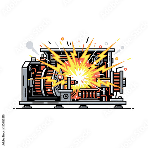 Illustration of an electric generator experiencing a short circuit. Isolated on a white background.