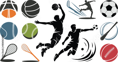 Illustration Featuring Silhouettes of Athletes and Equipment from Various Ball Sports