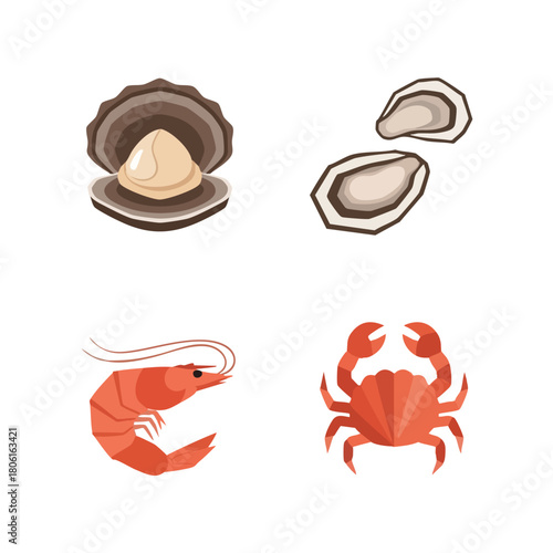Collection of Seafood Illustrations with Scallop Oysters Shrimp and Crab.