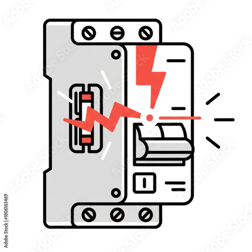 Illustration of a short circuit on an electrical mini circuit breaker (MCB). Isolated on a white background.