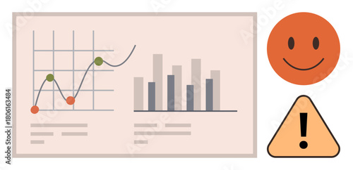 Bar graph and line chart on beige panel with smile and caution icons. Ideal for analytics, success tracking, progress, risk management, trends, strategy, and reports. Simple flat metaphor
