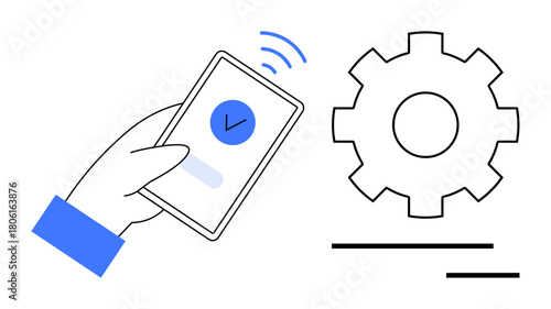 Hand holding smartphone with verification icon next to gear, suggesting digital interaction, system processing, and automation. Ideal for innovation, workflow, usability, engineering, software