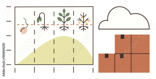 Graph showing plant growth stages alongside stacked boxes and cloud shape. Ideal for agriculture, data management, storage, logistics, development, growth processes, sustainability concepts. A simple