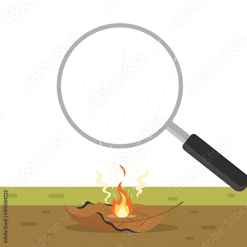 illustration of dry leaves burned by sunlight focused using a magnifying glass on a white background.