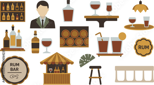 Illustration of Rum Bar Elements Bottles, Bartender, Barrels, Glasses, and Furniture