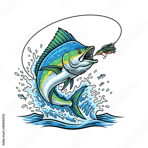 illustration of fish being caught in the sea. white background.