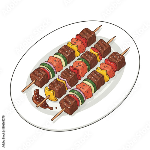 three skewers on a plate with a white background.