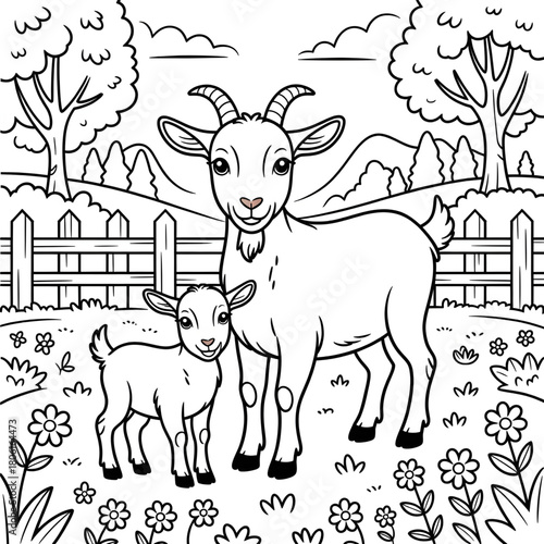 Goat and Kid Farm Yard Animal Scene Coloring Page Illustration