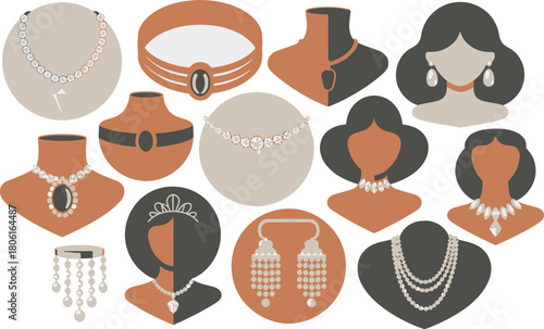 Illustration of Various Necklaces, Headband, Earrings, and a Tiara Displayed on Abstract Neck and Face Shapes