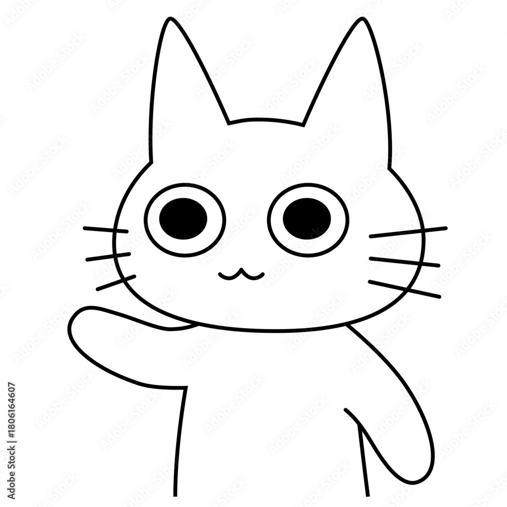 Obraz premium 手を上げて挨拶する白い猫キャラクターのかわいいベクターイラスト。フレンドリーな印象のシンプルなデザインで、歓迎やコミュニケーションを表現するのに最適