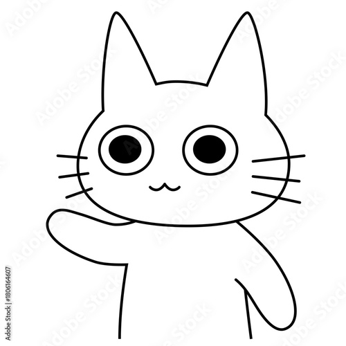 手を上げて挨拶する白い猫キャラクターのかわいいベクターイラスト。フレンドリーな印象のシンプルなデザインで、歓迎やコミュニケーションを表現するのに最適