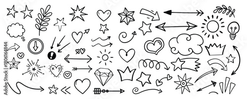 Line arrow, star, heart cute icon elements. Hand drawn sketch heart, arrow, star, flower decoration symbols. Simple sketch line style emphasis, attention, graphic elements.