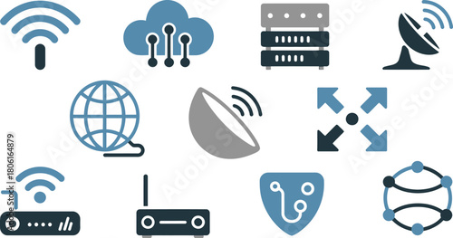 Network Technology Icons Cloud Computing, WiFi, Servers, Globe, Router, Connectivity, Shield, Data Transfer