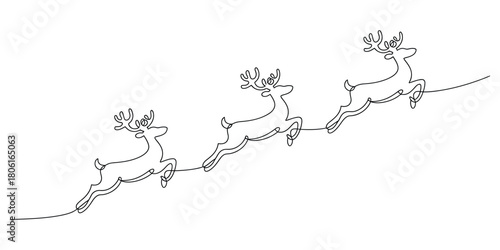 Continuous line art of three leaping reindeer. minimalist design.