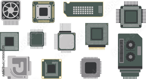 Representation of Microchips, Cooling System, and Computer Components on a White Background