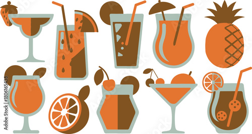 RetroStyle Illustration of Various Fruit Cocktails and a Pineapple on a White Background