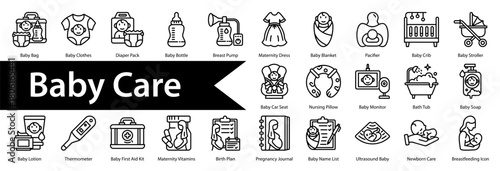 Baby Care icon sheet and collection containing: baby, infant, newborn, mother, motherhood, pregnancy, parenting, baby care, nursery, child, kids, family, mom, dad