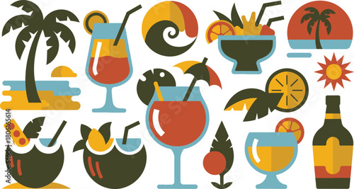 Retro Tropical Summer Drinks and Vacation Icons Coconut Cocktails, Palm Trees, and Sunsets